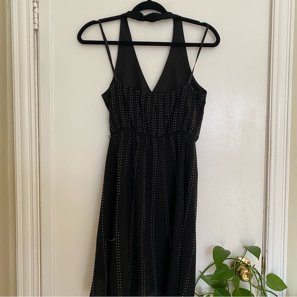 Bebe gold-studded high-low black halter party dress with chiffon overlay - Picture 4 of 14